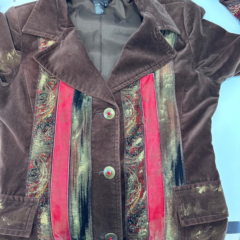 SPANER Women's Brown Velvet Paisley‎ Trimmed Long Blazer Jacket Size 6 - Picture 3 of 8